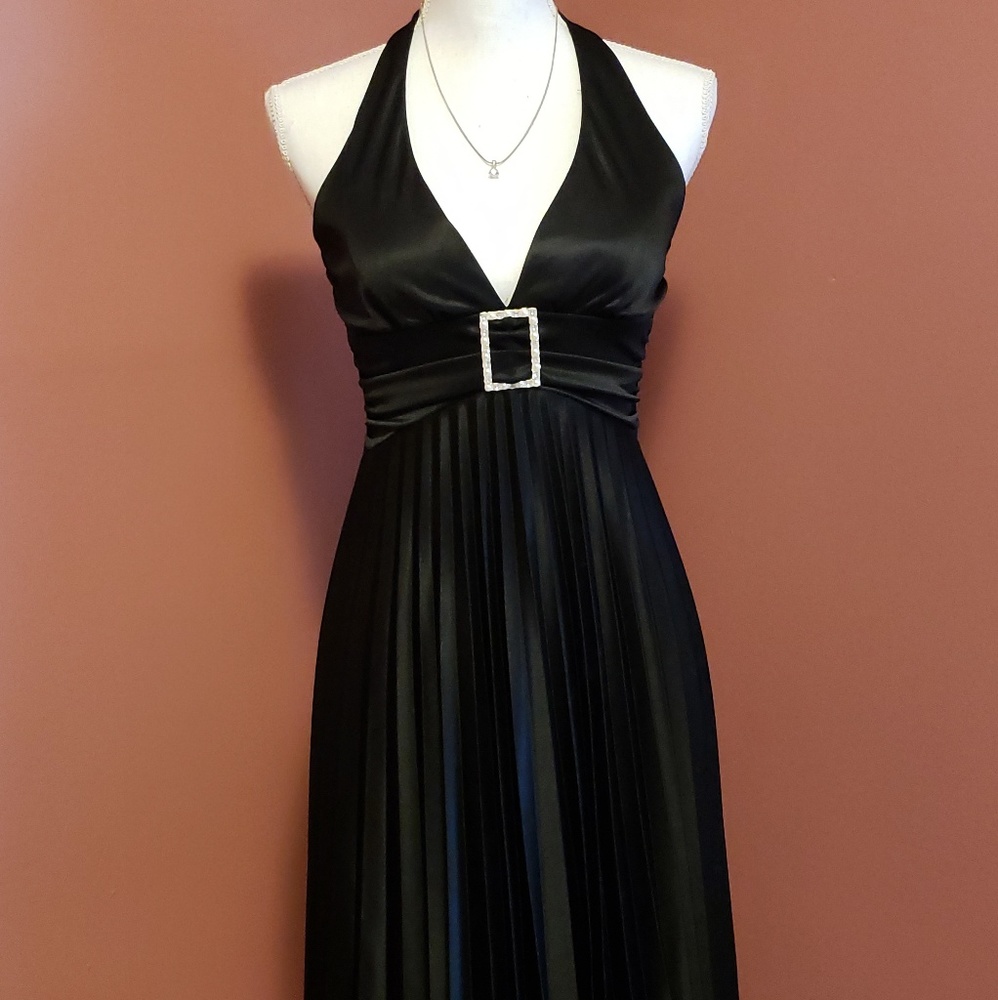Black halter top, pleated bottom mid length dress